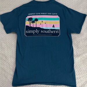 Simply Southern Cobalt Blue Short Sleeve Tee with Pastel Sunset Graphic